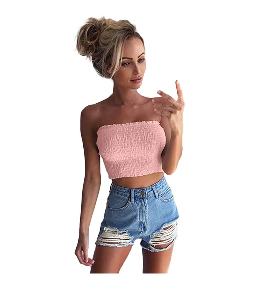 Camisoles & Tanks Women Sexy Strapless Elastic Bandeau Ruffle Tube Top Solid Basic Bra Lingerie - Pink - CP18I9H4SOU $8.81