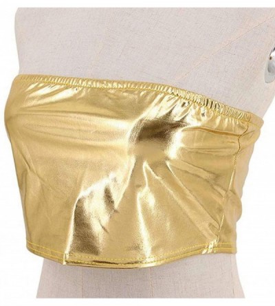 Camisoles & Tanks Women Sexy Metallic Wetlook Strapless Tube Tops Bandeau Bra Clubwear - Gold - CJ18RWKHO75 $14.70