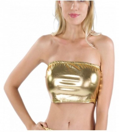 Camisoles & Tanks Women Sexy Metallic Wetlook Strapless Tube Tops Bandeau Bra Clubwear - Gold - CJ18RWKHO75 $14.70