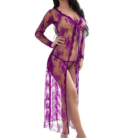 Baby Dolls & Chemises Women's Lingerie Sexy See Through Lace Kimono Robe Long Gown Mesh Chemise - Purple - CP194L48Q26 $32.14