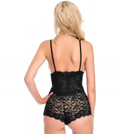 Slips Womens V-Neck Bodysuit Sexy Solid Color Lace See Through Teddy Baby Dolls Jumpsuit Lingerie - Black - CU194LN8N3X $13.09