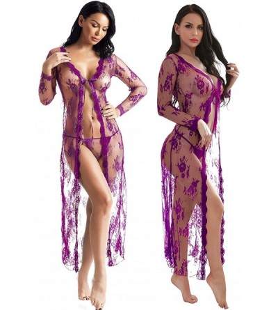 Baby Dolls & Chemises Women's Lingerie Sexy See Through Lace Kimono Robe Long Gown Mesh Chemise - Purple - CP194L48Q26 $31.76