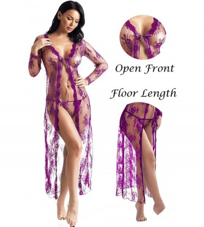 Baby Dolls & Chemises Women's Lingerie Sexy See Through Lace Kimono Robe Long Gown Mesh Chemise - Purple - CP194L48Q26 $30.25