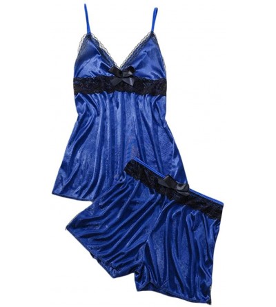 Slips Pajamas Set- Women Sexy Lingerie Lace Nightwear Satin Sleepwear Camisole Short Sets Pajamas - Blue - C018XGAYYXT $9.34