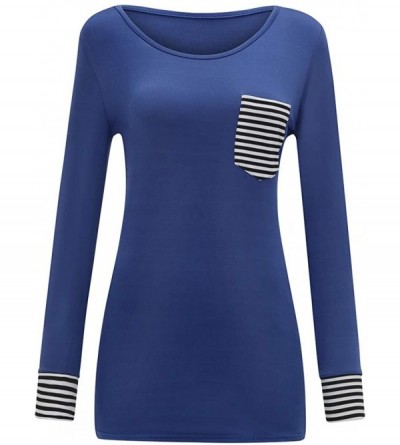 Slips Women Solid Blouse Long Sleeve Stripe Stitching Casual Shirt Pullover Tops Tunics - Blue - CM193GKL2U9 $19.85