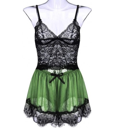 Garters & Garter Belts New Women Silk Lace Top Camisole Bow Shorts Pajamas Lingerie Sleepwear Set S-3XL - Green - CD190TLZHL0...