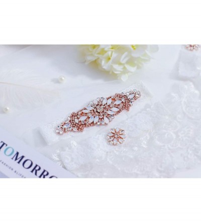 Garters & Garter Belts Wedding Bridal Garter Lace White Bridal Garter Set with Rose Gold Rhinestones for Women Wedding - CB19...