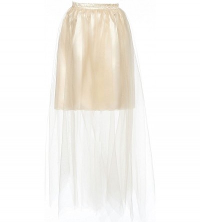 Slips Women's Long Petticoat Skirt Hoopless Satin Slip Sheer Mesh Full Length - Navy - CS18D5U2SUQ $19.42
