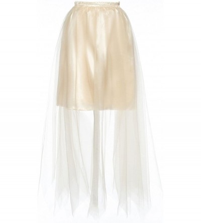 Slips Women's Long Petticoat Skirt Hoopless Satin Slip Sheer Mesh Full Length - Navy - CS18D5U2SUQ $19.42