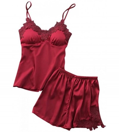 Shapewear Womens Sleepwear Sets-Sexy Satin Sling Shorts and Lace Camisole Loose Thin Lingeries - Wine - C418SEWMLH6 $12.04