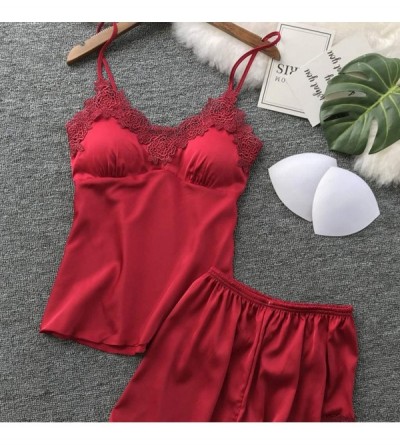 Shapewear Womens Sleepwear Sets-Sexy Satin Sling Shorts and Lace Camisole Loose Thin Lingeries - Wine - C418SEWMLH6 $12.04