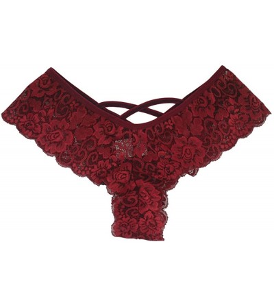 Panties Womens Lace Thongs Sexy Flowers Low Waist Underwear Panties G-String Lingerie - Wine Red - CB18KDU2ANX $12.98