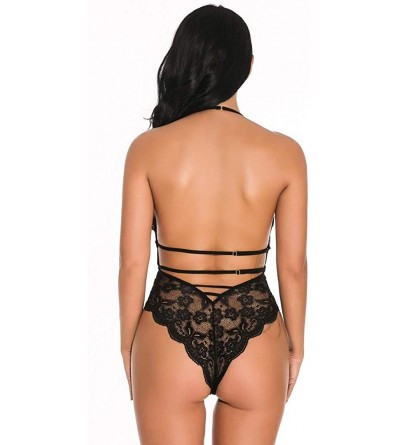 Garters & Garter Belts Women Deep V Sexy Lace Bodysuit Sna-p Crotch Lingerie Teddy Underwear - Black - CX192RG2AAG $21.00