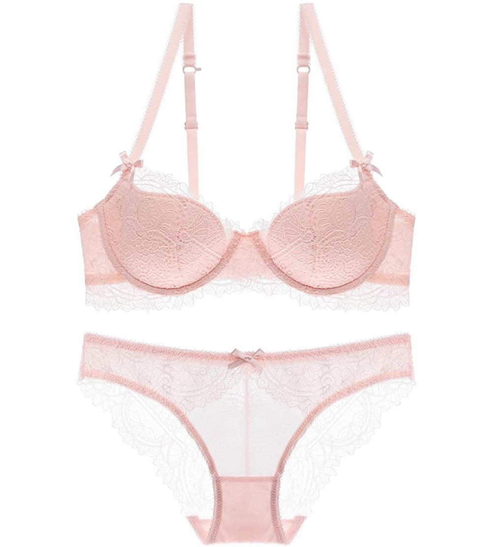 Bras Lace Embroidery Underwire Sexy Bra and Panty Set - Pink - C118UMXK6IN $27.57