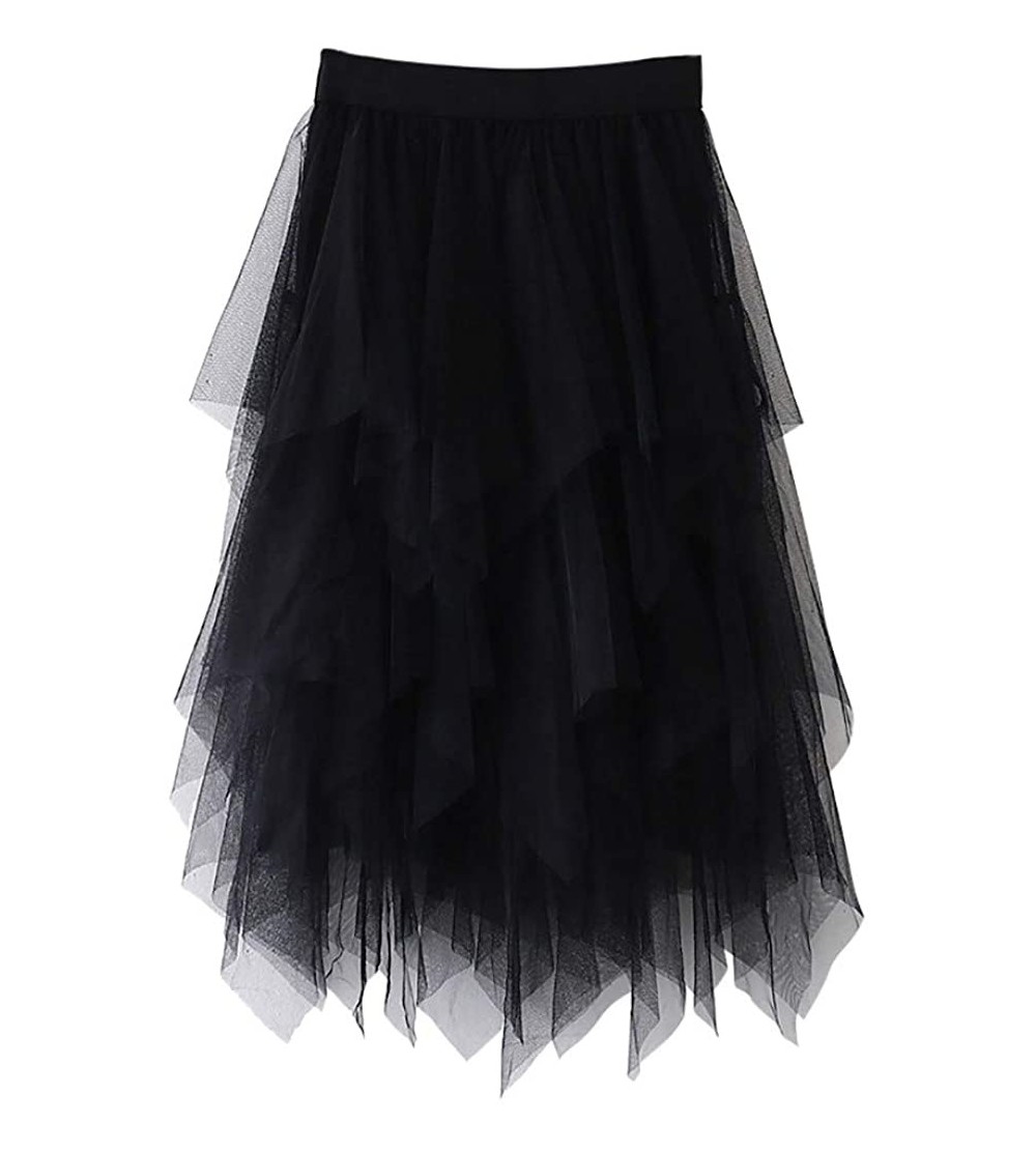 Slips Women's Mesh Tulle Tutu Skirt High Waisted High Low Asymmetrical Layered Long Skirts Petticoat - Black - C2196N3HKLM $1...
