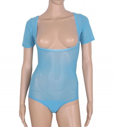 Shapewear Women's Mesh Sheer Chest Opened Belly Dance Bodysuit - Blue Short - C7185SEIQEE $16.10