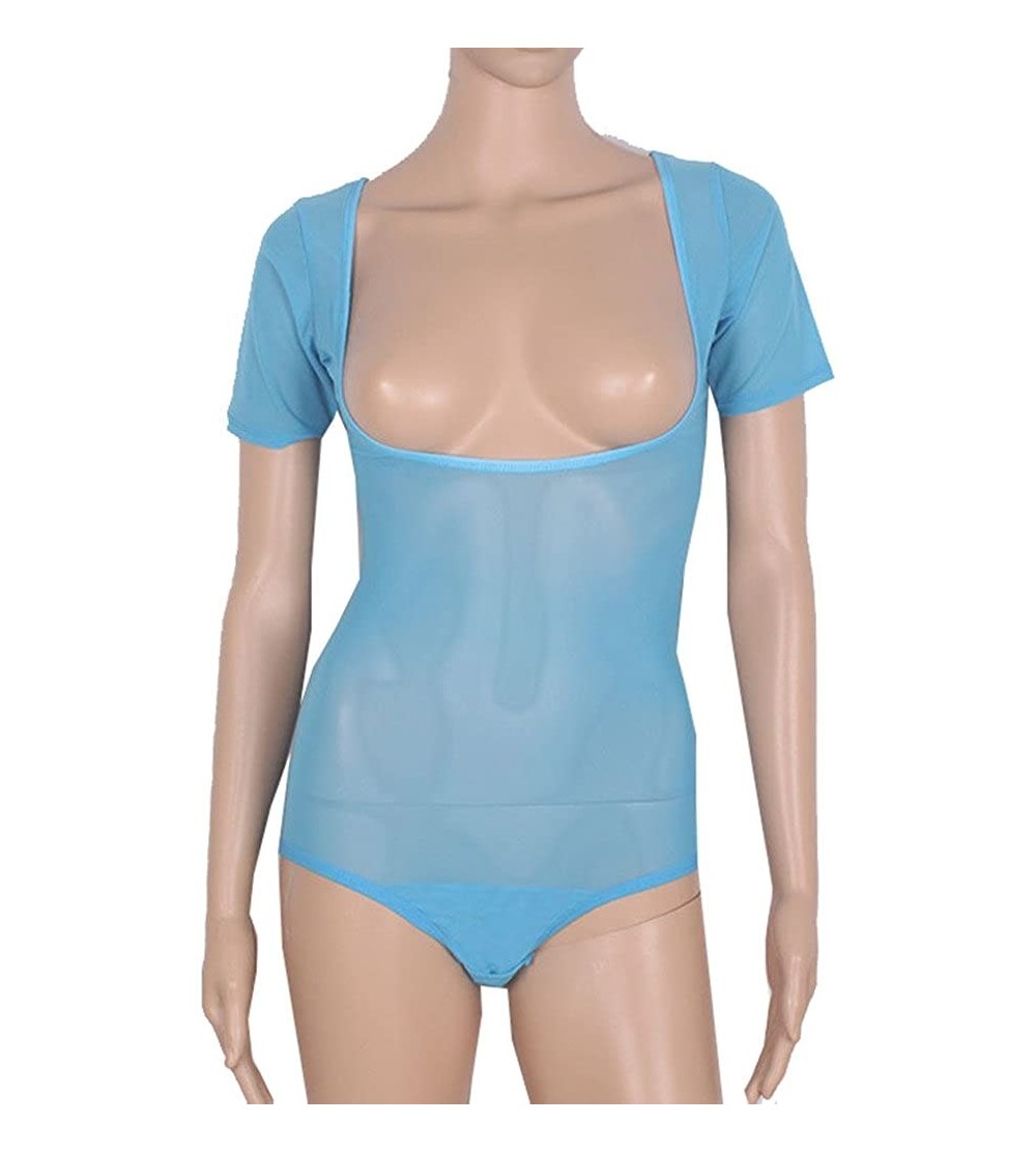 Shapewear Women's Mesh Sheer Chest Opened Belly Dance Bodysuit - Blue Short - C7185SEIQEE $16.10