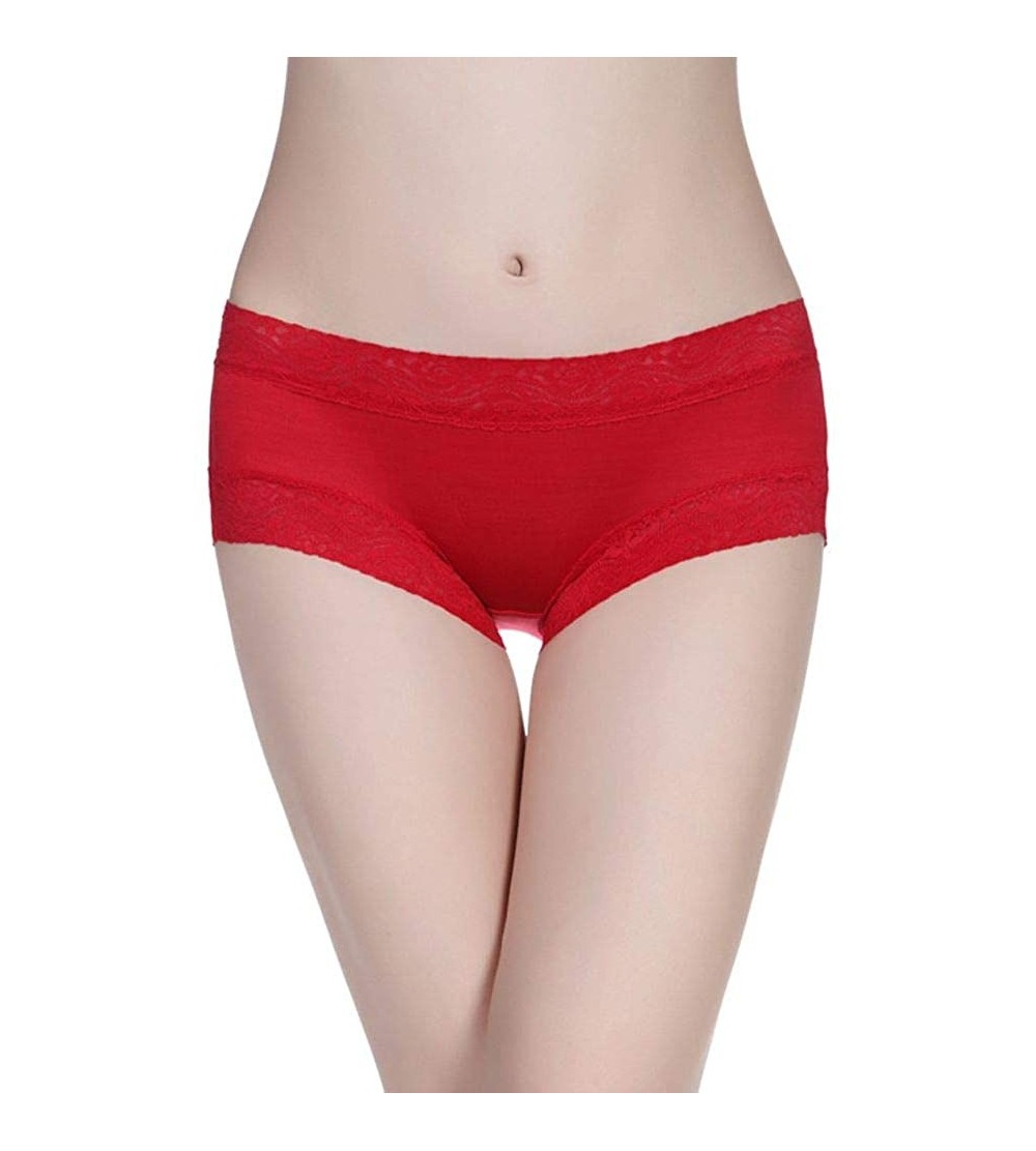 Panties Women's 100% Silk Knitted Lace Midrise Panties Boyshort - Red - C711LOMFBKJ $15.17
