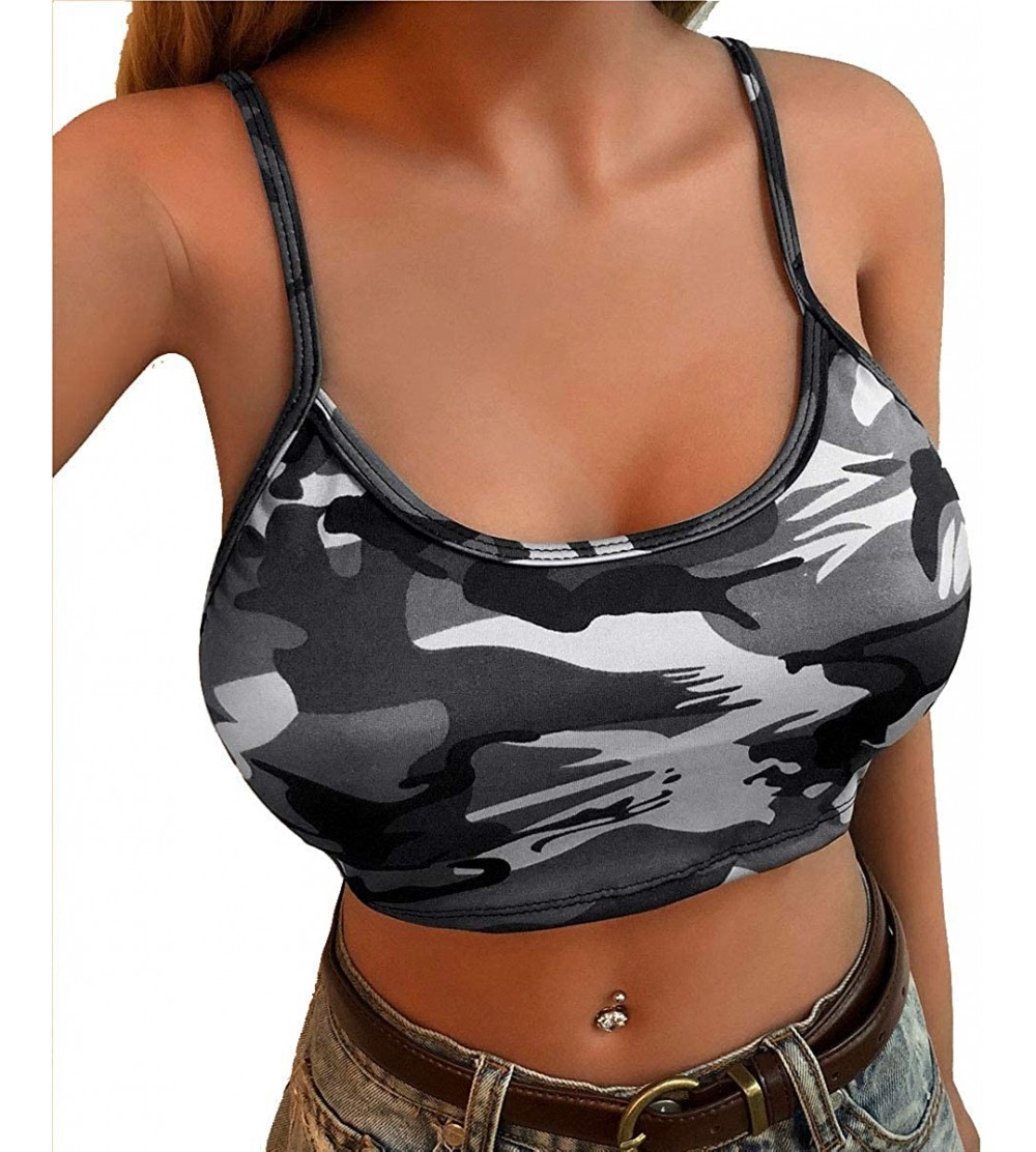 Camisoles & Tanks Womens Camouflage Printed Spaghetti Straps No Padded Camisole Vest Crop Tops - Grey - CJ19DLDA72Q $8.64