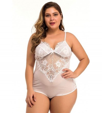 Camisoles & Tanks Mesh Underwear Plus Size Fat Woman Transparent Sexy Eyelash lace Lingerie Full Pajamas Babydoll - White - C...