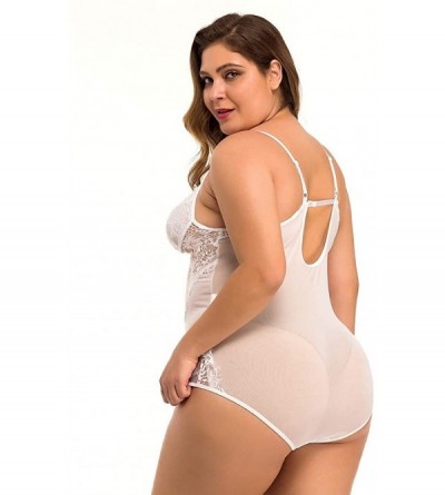 Camisoles & Tanks Mesh Underwear Plus Size Fat Woman Transparent Sexy Eyelash lace Lingerie Full Pajamas Babydoll - White - C...