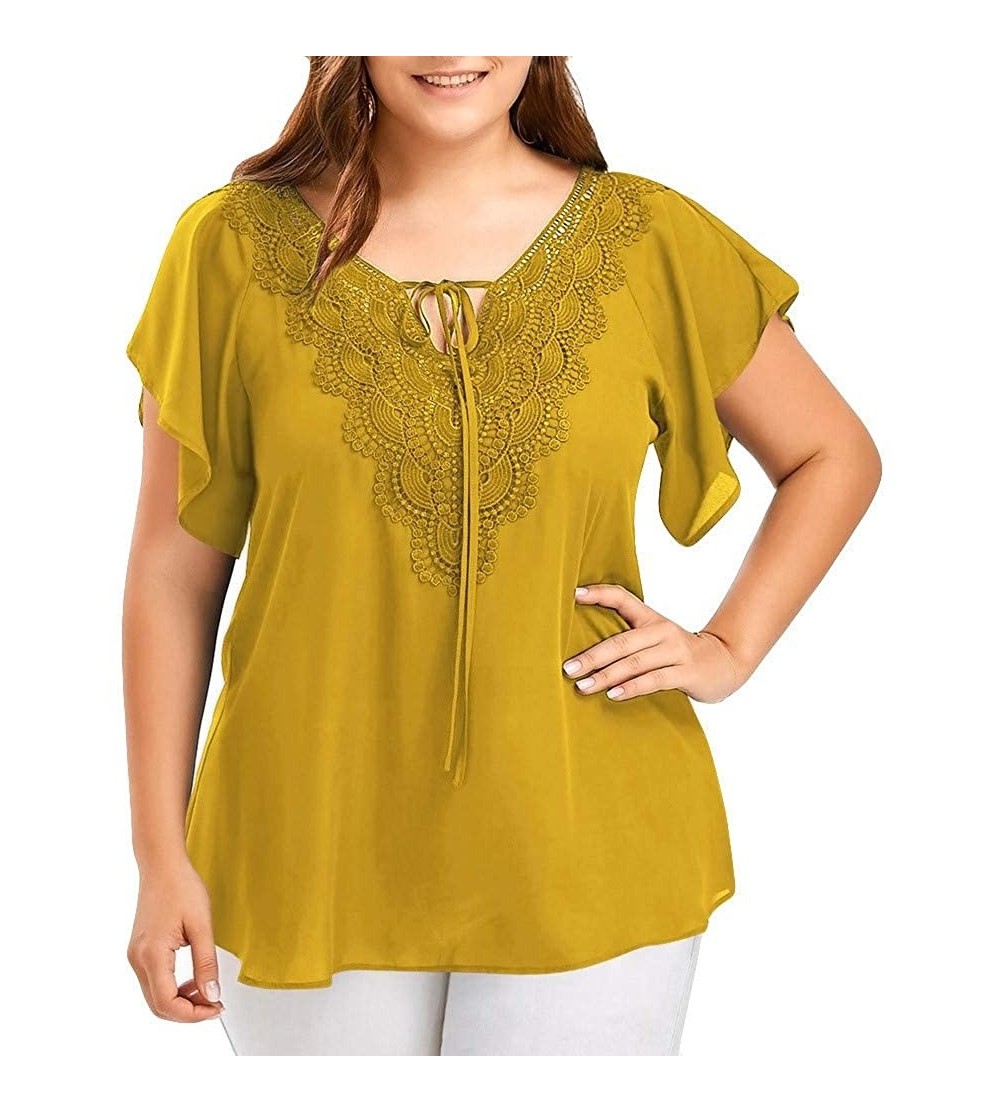Shapewear Women's Fashion Lace V-neck Solid Color Shirt With Patchwork Casual Short-sleeved T-shirt Top - Yellow - CO18SDK8K8...