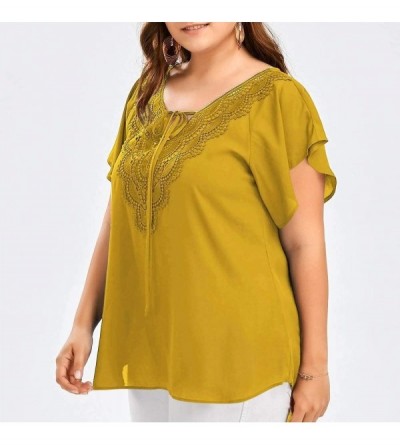 Shapewear Women's Fashion Lace V-neck Solid Color Shirt With Patchwork Casual Short-sleeved T-shirt Top - Yellow - CO18SDK8K8...