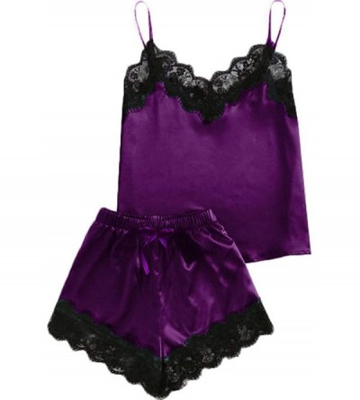 Slips Women Sleepwear Sleeveless Strap Nightwear Lace Trim Satin Cami Top Pajama Sets - Purple - CR18UQ32DEC $23.36