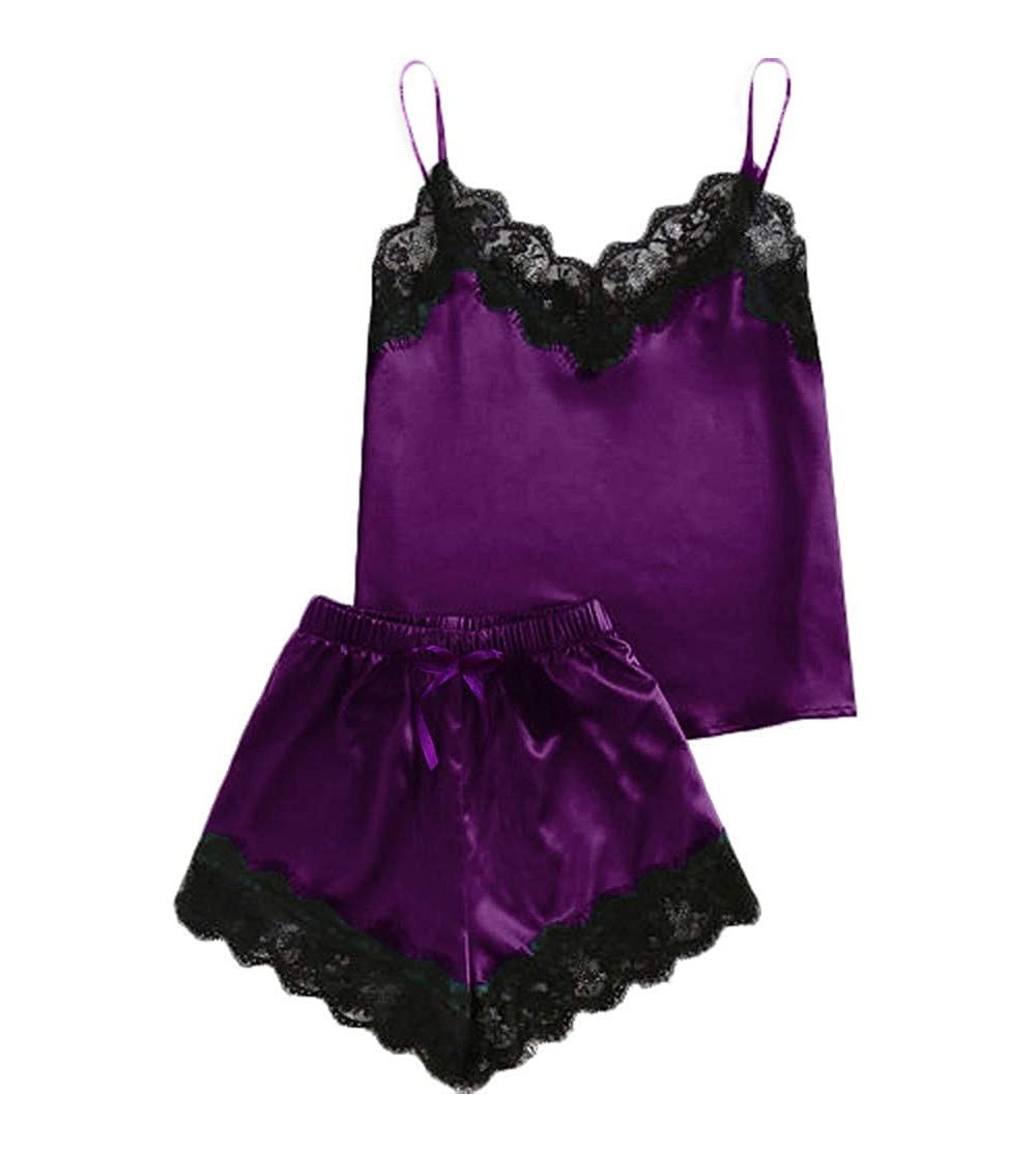 Slips Women Sleepwear Sleeveless Strap Nightwear Lace Trim Satin Cami Top Pajama Sets - Purple - CR18UQ32DEC $12.94