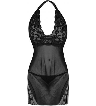 Slips Women Sling Lace Lingerie Pajamas Sexy Halter Nightdress Underwear Set - Black - CD196H0W0NN $12.90