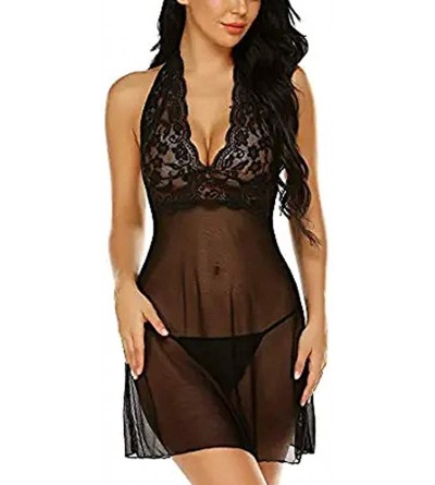 Slips Women Sling Lace Lingerie Pajamas Sexy Halter Nightdress Underwear Set - Black - CD196H0W0NN $12.90