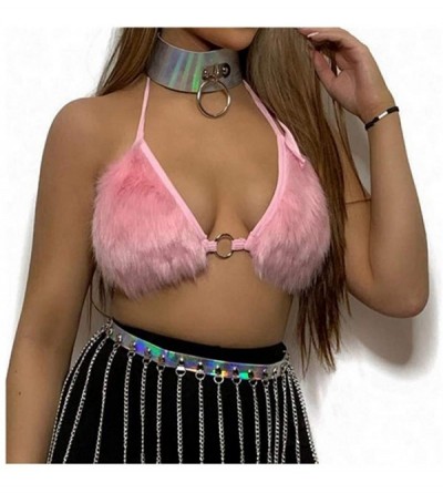 Camisoles & Tanks Women Rave Fluffy Fur Triangle Bra Crop Top Sexy Strappy Halter Bandage Camisole for Dance Festival Clubwea...