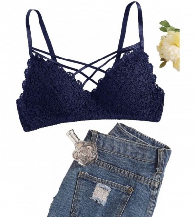 Camisoles & Tanks Women's Floral Lace Bralette Sexy Sheer Mesh Wire Free Bras Crop Top - 2-navy - C5192UARC4L $17.53