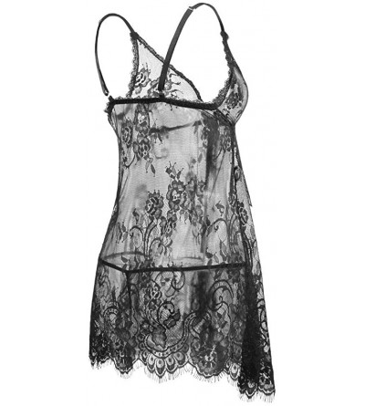 Slips Women's Sexy Babydoll Chemise Plus Size Long Negligee Lingerie Set Lace Full Slip Nightgown - Style4-black - C218HQ9LHH...