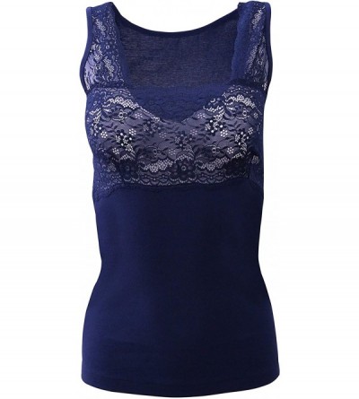 Camisoles & Tanks Luxury 100% Mako Cotton Women's Lace-Trimmed Tank Top. Proudly Made in Italy. - Bleu - CQ18TIY97T4 $44.09