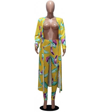 Panties Womens Fashion Printed Long Cardigans 2 Piece Outfits Coat and Trousers Set - Yellow - CF193C43G0M $74.42
