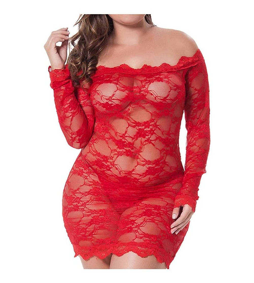 Baby Dolls & Chemises Womens Lingerie Chemise Plus Size Sexy Floral Lace Teddy Badydoll Off Shoulder Long Sleeve Sleepwear Bo...