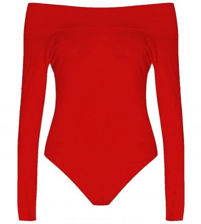 Shapewear Womens Plus Size Long Sleeves Off Shoulder Plain Viscose Jersey Bodysuit - Red - C011JT5S6WX $18.73