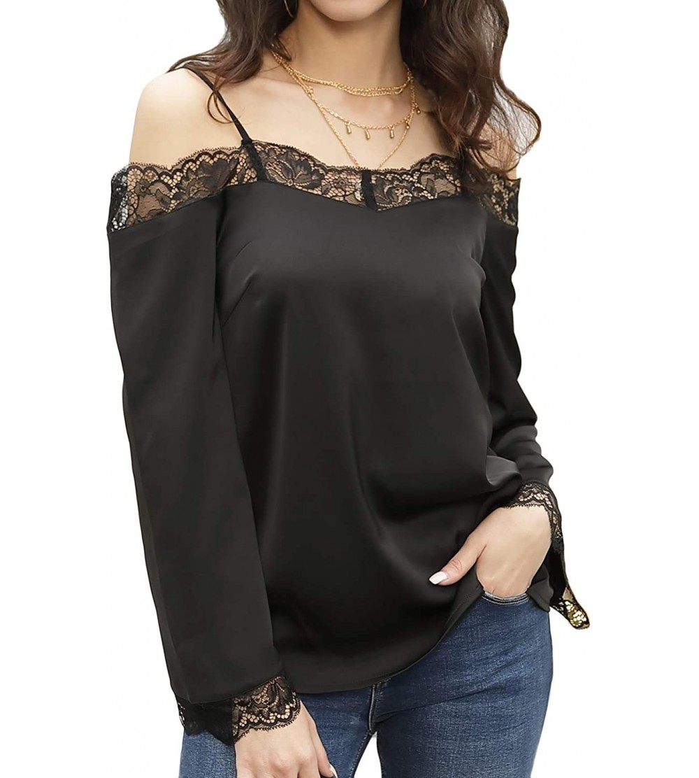 Camisoles & Tanks V-Neck Lace Camisole Tops Sexy Racerback Cami Tank Tops - Black(long Sleeve) - C7196ECNYOU $15.45