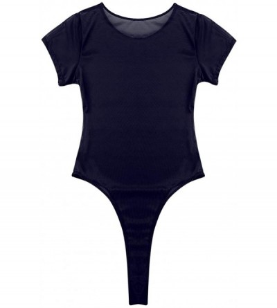 Shapewear Women's See Through Mesh Short Sleeve Shirt High Cut Thongs Bodysuit Bikini Swimsuit - Navy Blue - CG18RNWNNGS $22.51