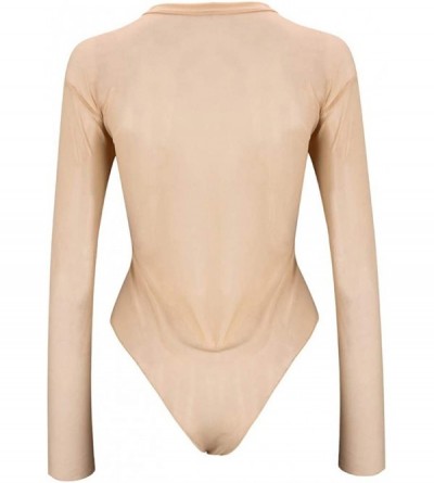 Garters & Garter Belts Women's Long Sleeves Stretchy Sheer Mesh Leotard Bodysuit Jumpsuit Tops - Khaki - CN193Q2RKXO $14.24