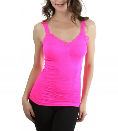 Camisoles & Tanks Women's Wrinkled Seamless Camisole Top w/Floral Lace Trim Straps - Hot Pink - CO12FSXDO4T $15.18