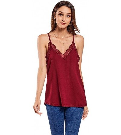 Camisoles & Tanks Women's Satin V-Neck Sleeveless Summer Lace Trim Loose Camisole Tank Top - Wine Red - CJ190382SWZ $35.42