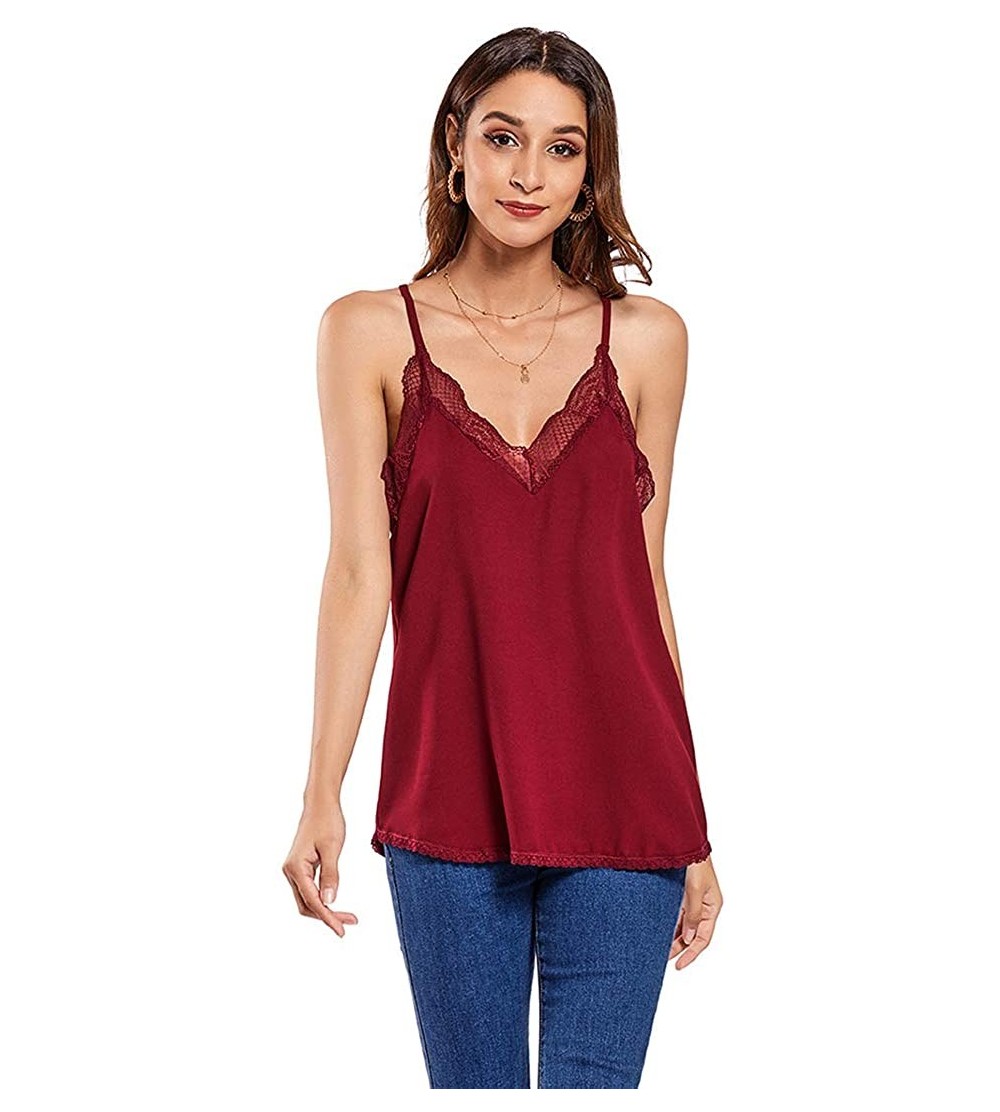 Camisoles & Tanks Women's Satin V-Neck Sleeveless Summer Lace Trim Loose Camisole Tank Top - Wine Red - CJ190382SWZ $18.32