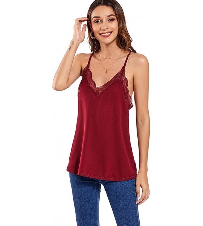 Camisoles & Tanks Women's Satin V-Neck Sleeveless Summer Lace Trim Loose Camisole Tank Top - Wine Red - CJ190382SWZ $18.32