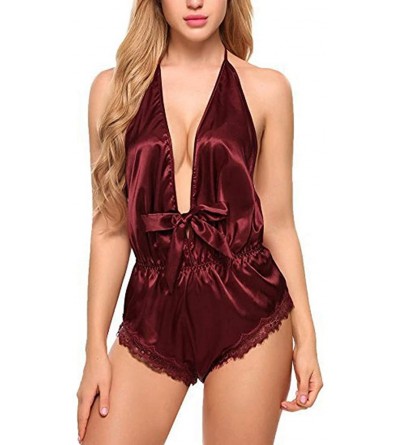 Slips Sexy Lingerie for Women Plus Size Silk Pajamas Sexy Satin Underwear Jumpsuit Bodysuit Teddy Lingerie Sleepwear - Wine -...