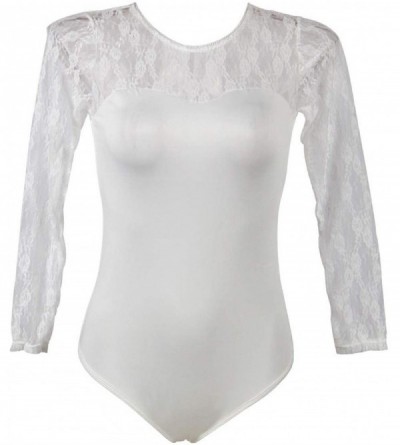 Shapewear Women Sheer Mesh Lace Bodysuit Long Sleeve Leotard Lingerie Jumpsuit Bodysuits Clubwear Tops - White-lace - CY192SN...