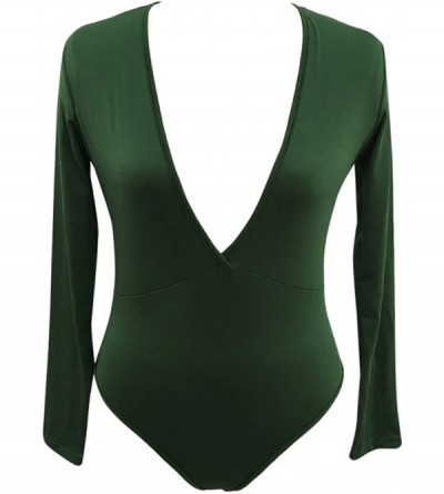 Shapewear Womens Plunge V Neck Basic Long Sleeve One Piece Bodysuit Jumpsuit - Green - C0180IU9LYK $19.84