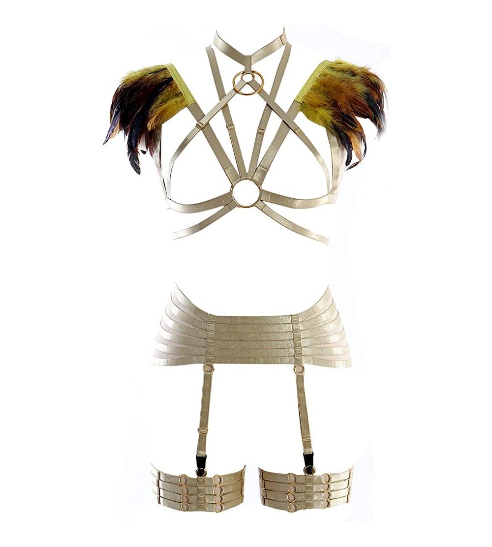 Garters & Garter Belts Women Feather Epaulette Harness Bra Strappy Full Body Caged Garter Belts Set Festival Rave Burning Man...