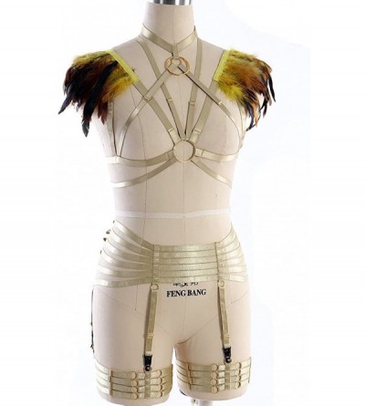 Garters & Garter Belts Women Feather Epaulette Harness Bra Strappy Full Body Caged Garter Belts Set Festival Rave Burning Man...